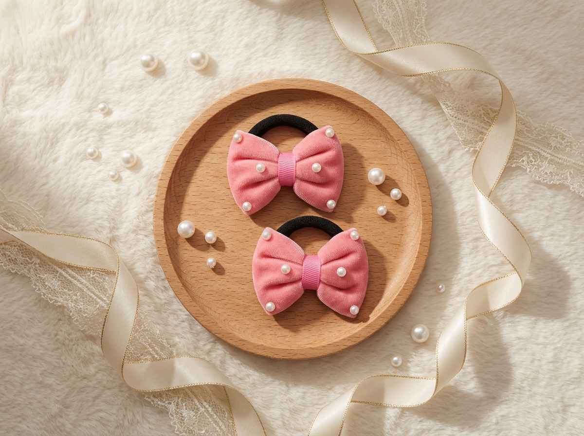 Velvet bow on rubberbands with pearls - Peach