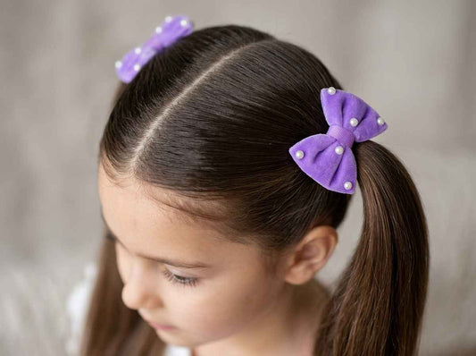Velvet bow on rubberbands with pearls - Lilac