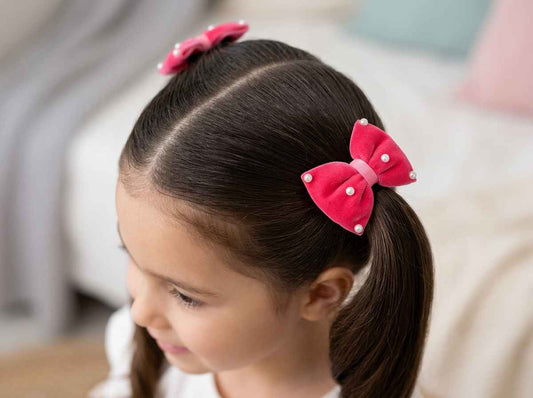 Velvet bow on rubberbands with pearls - Rose pink