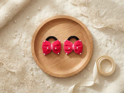 Velvet bow on rubberbands with pearls - Rose pink