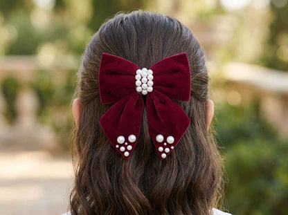 Velvet bow with pearl detailing on alligator clip - Maroon