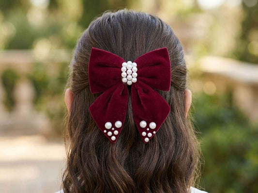 Velvet bow with pearl detailing on alligator clip - Maroon