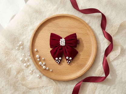 Velvet bow with pearl detailing on alligator clip - Maroon