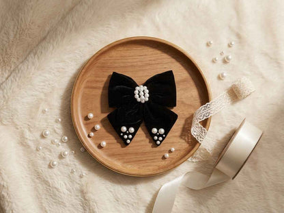 Velvet bow with pearl detailing on alligator clip - Black