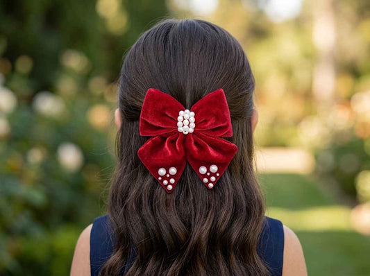 Velvet bow with pearl detailing on alligator clip - Red