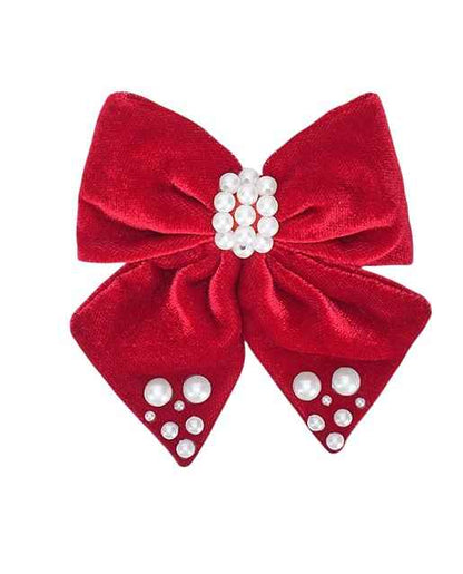 Velvet bow with pearl detailing on alligator clip - Red