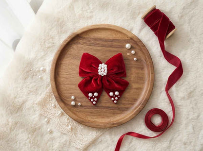 Velvet bow with pearl detailing on alligator clip - Red