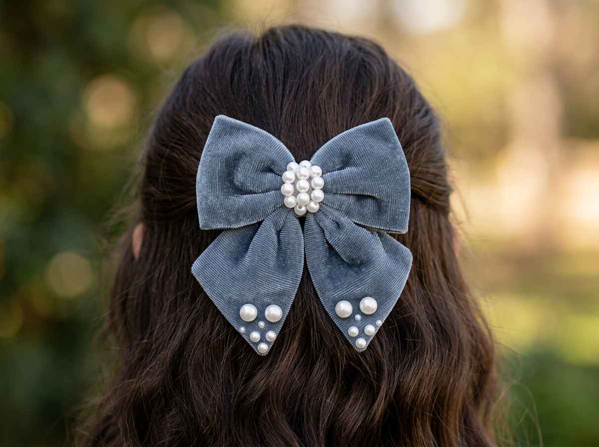 Velvet bow with pearl detailing on alligator clip - Grey