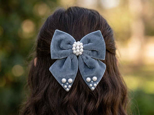 Velvet bow with pearl detailing on alligator clip - Grey