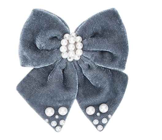 Velvet bow with pearl detailing on alligator clip - Grey