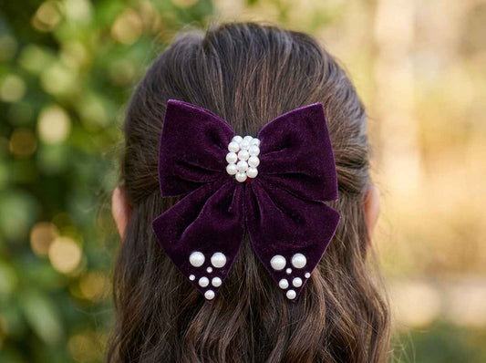 Velvet bow with pearl detailing on alligator clip - Magenta