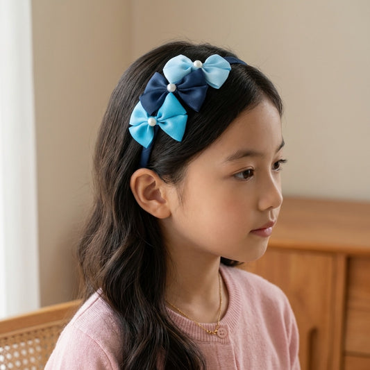 Cute Triple Grosgrain Ribbon Bow With Peal Detailed Hairband.