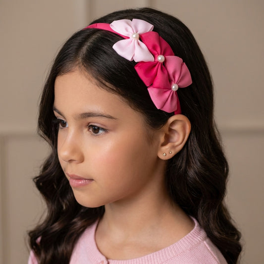 Cute Triple Grosgrain Ribbon Bow With Peal Detailed  Hairband .