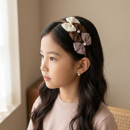 Cute Triple Grosgrain Ribbon Bow With Peal Detailed  Hairband.