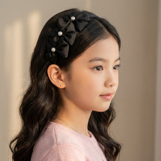 Cute Triple Grosgrain Ribbon Bow With Peal Detailed Hairband.
