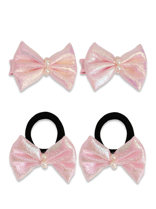 Shiny bow on alligator clips & rubberbands - Baby pink