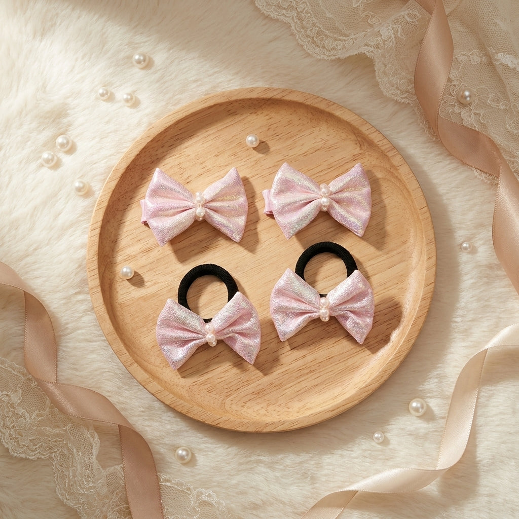 Shiny bow on alligator clips & rubberbands - Baby pink