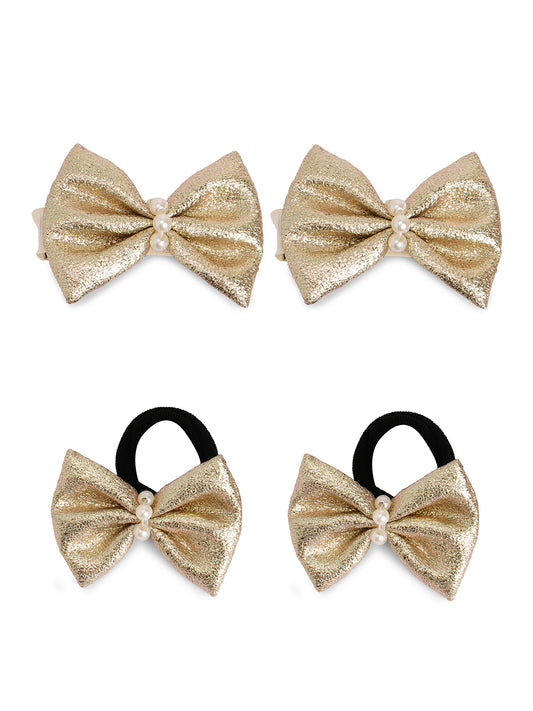 Shiny bow on alligator clips & rubberbands - Golden