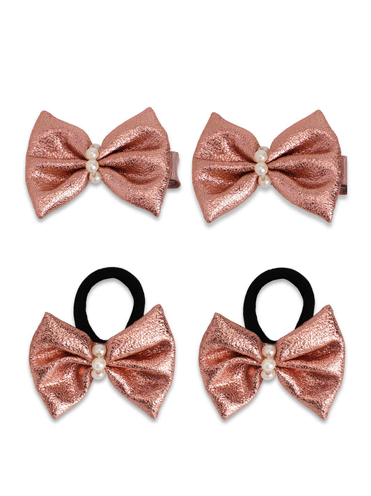 Shiny bow on alligator clips & rubberbands - Rose pink