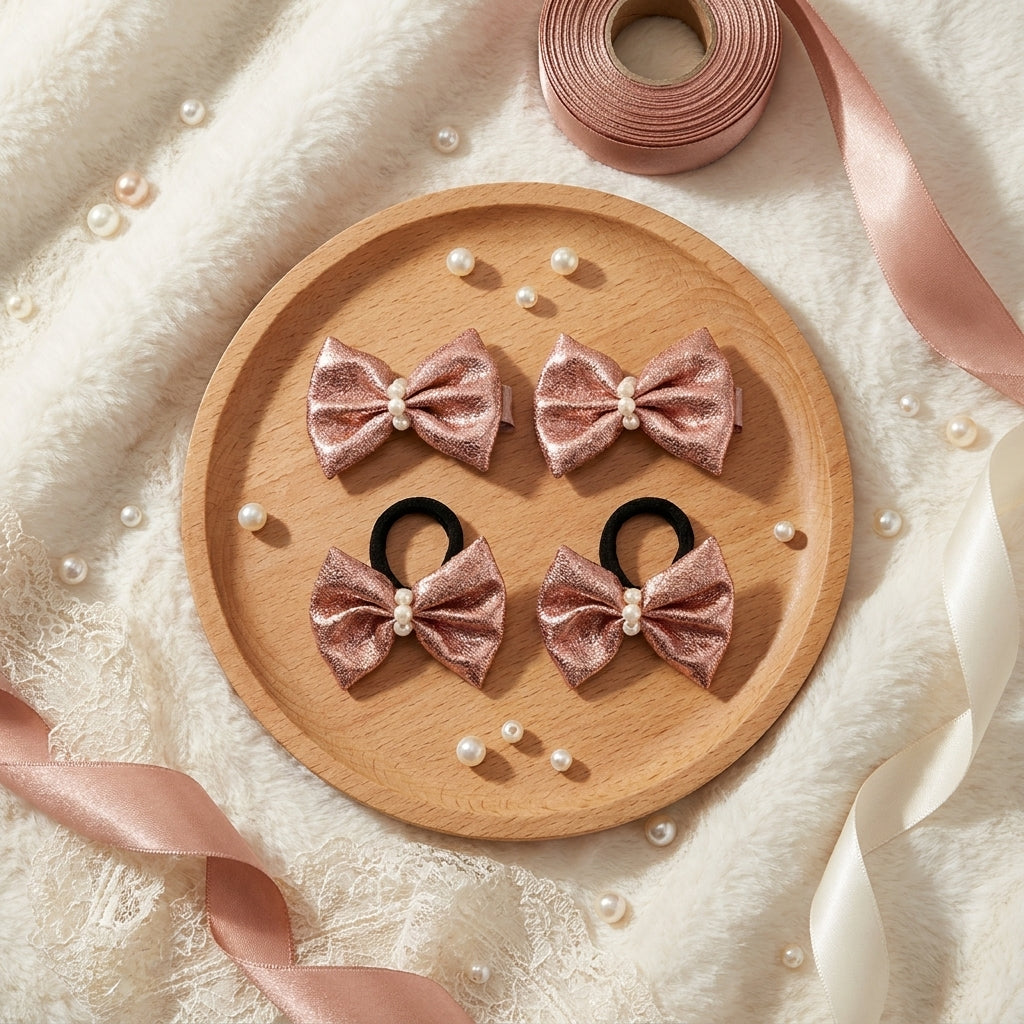 Shiny bow on alligator clips & rubberbands - Rose pink