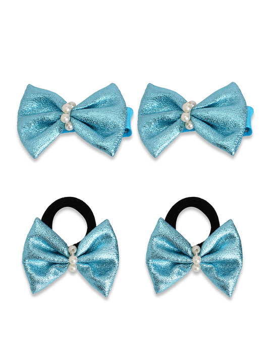 Shiny bow on alligator clips & rubberbands - Blue