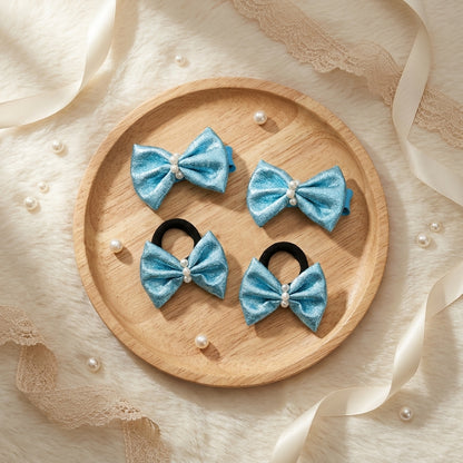 Shiny bow on alligator clips & rubberbands - Blue