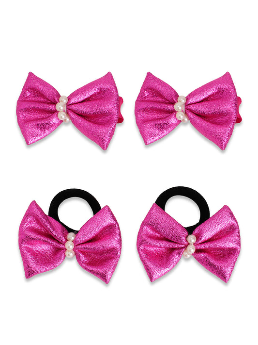 Shiny bow on alligator clips & rubberbands - Fuchsia