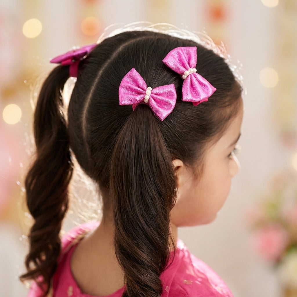 Shiny bow on alligator clips & rubberbands - Fuchsia