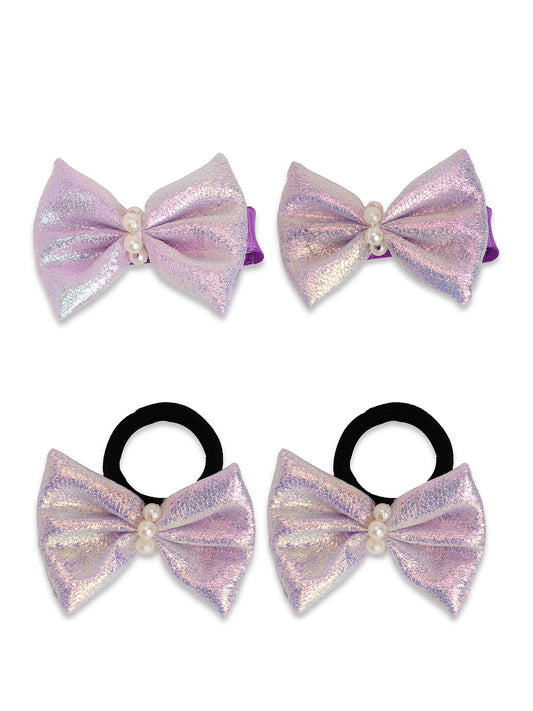Shiny bow on alligator clips & rubberbands - Lavender
