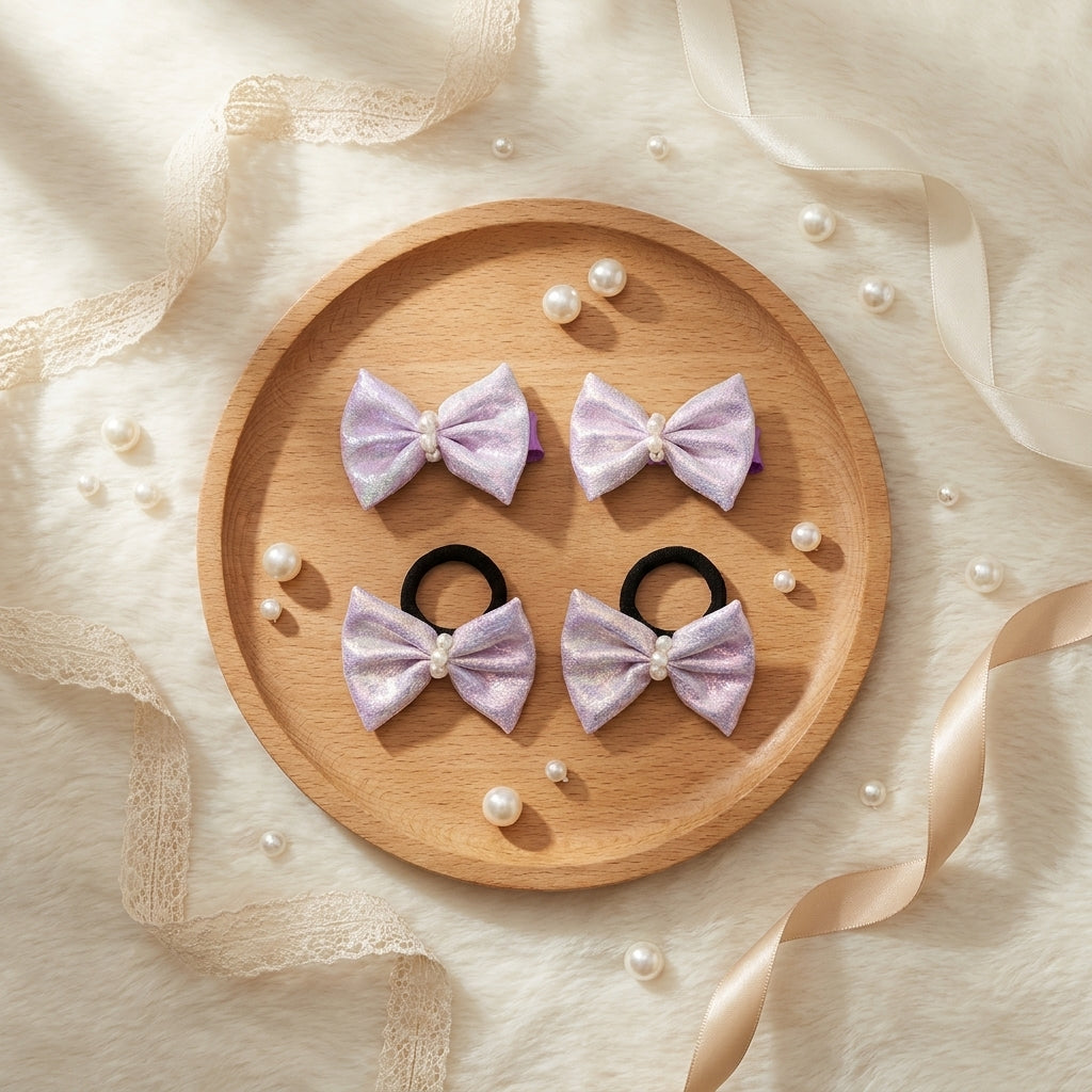 Shiny bow on alligator clips & rubberbands - Lavender