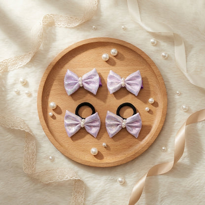Shiny bow on alligator clips & rubberbands - Lavender
