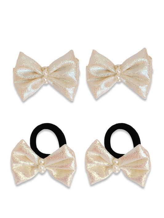 Shiny bow on alligator clips & rubberbands - White