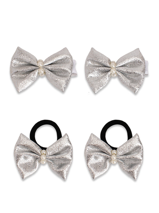 Shiny bow on alligator clips & rubberbands - Silver