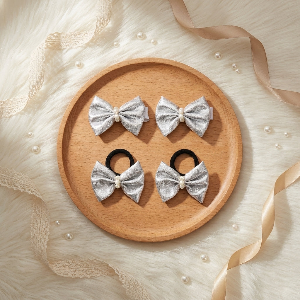 Shiny bow on alligator clips & rubberbands - Silver