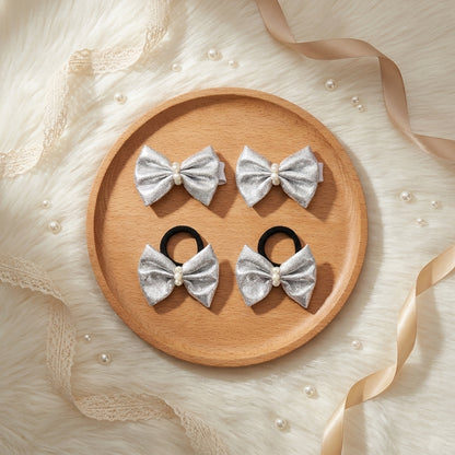 Shiny bow on alligator clips & rubberbands - Silver