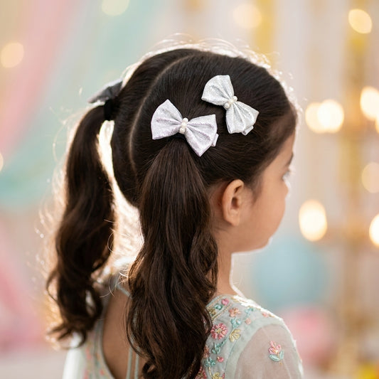 Shiny bow on alligator clips & rubberbands - Silver