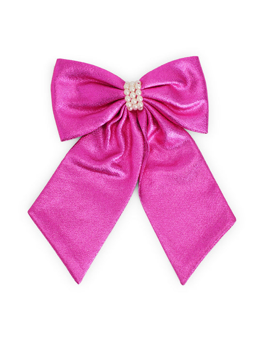 Shiny bow with pearls on alligator clip - Fuchsia