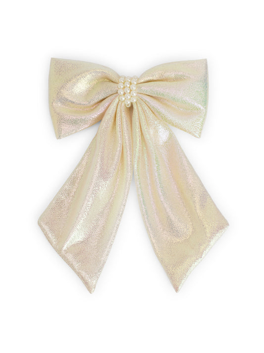 Shiny bow with pearls on alligator clip - White