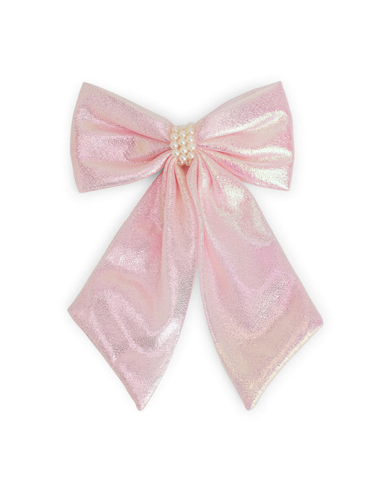 Shiny bow with pearls on alligator clip - Baby pink