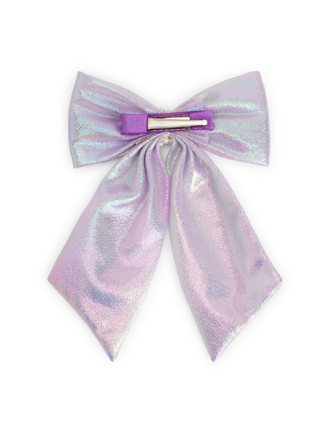 Shiny bow with pearls on alligator clip - Lavender