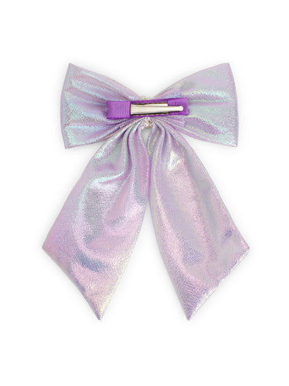 Shiny bow with pearls on alligator clip - Lavender
