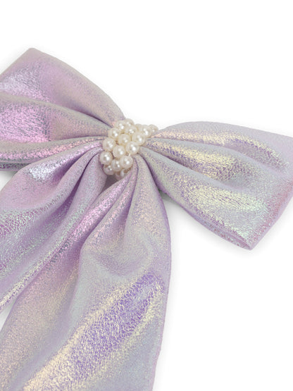 Shiny bow with pearls on alligator clip - Lavender