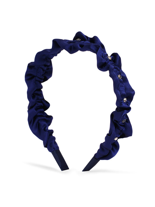 Satin ruffle hairband with crystals- Navy blue