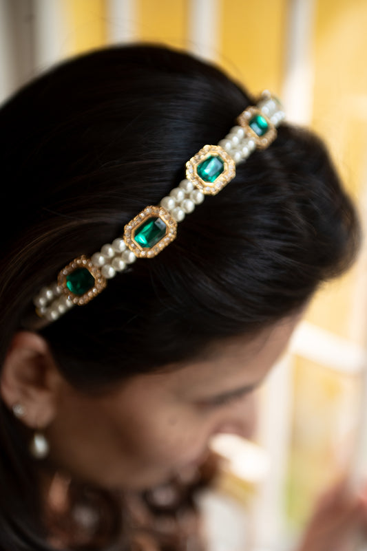 Kundan  hairband  with pearls- Green