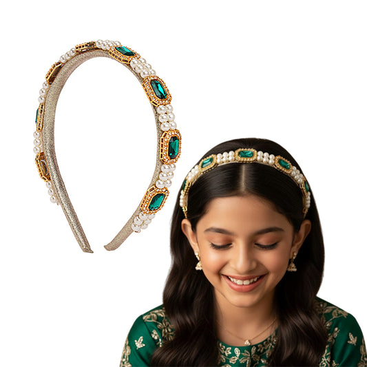 Kundan  hairband  with pearls- Green