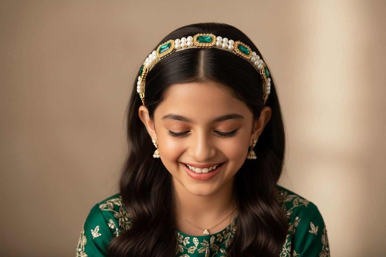 Kundan  hairband  with pearls- Green