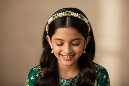 Kundan  hairband  with pearls- Green