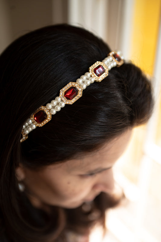 Kundan  hairband  with pearls - Maroon