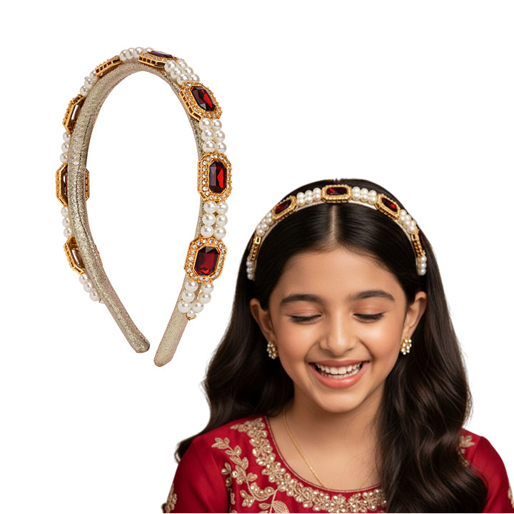 Kundan  hairband  with pearls - Maroon