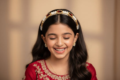 Kundan  hairband  with pearls - Maroon